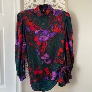 Jill Richards Silk VTG 90's Blouse Top Roses Whimsigoth Bow Size 10